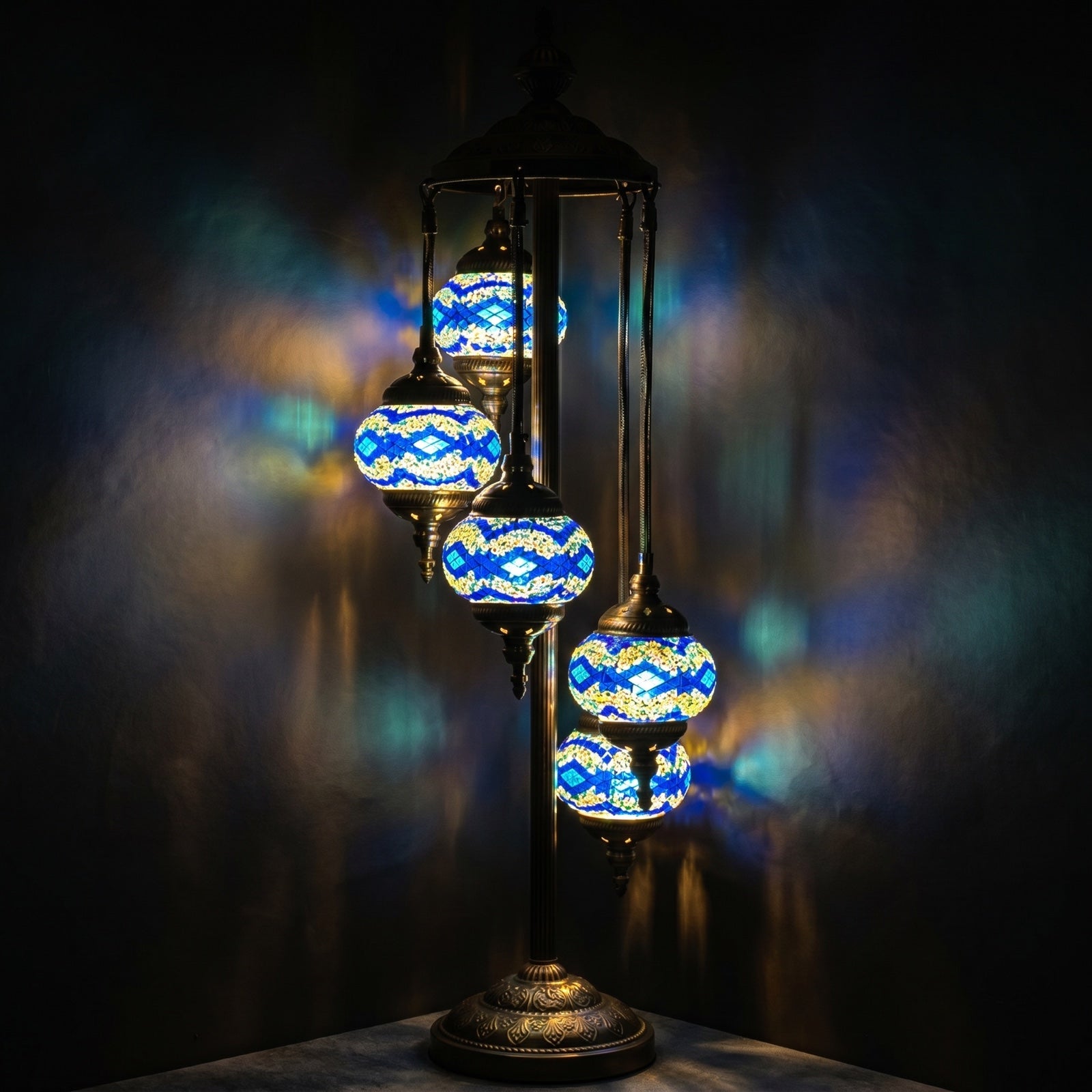 Turkish Floor Lamp with Blue Diamonds mosaic glass table lamp — glowing against a deep charcoal background