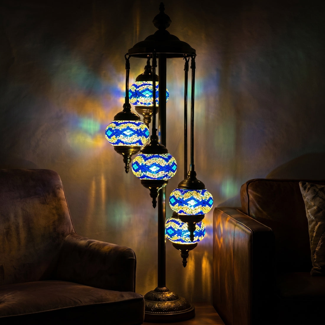 Turkish Floor Lamp with Blue Diamonds mosaic glass table lamp — glowing against a deep charcoal background