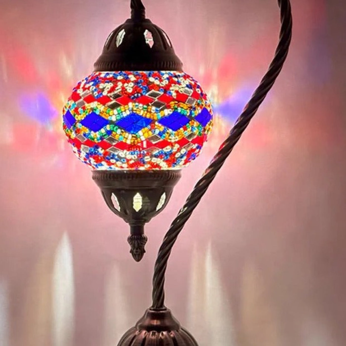 Turkish Lamp with Blue & Red Diamond Patterns mosaic glass table lamp — close-up of the hand-cut mosaic glass