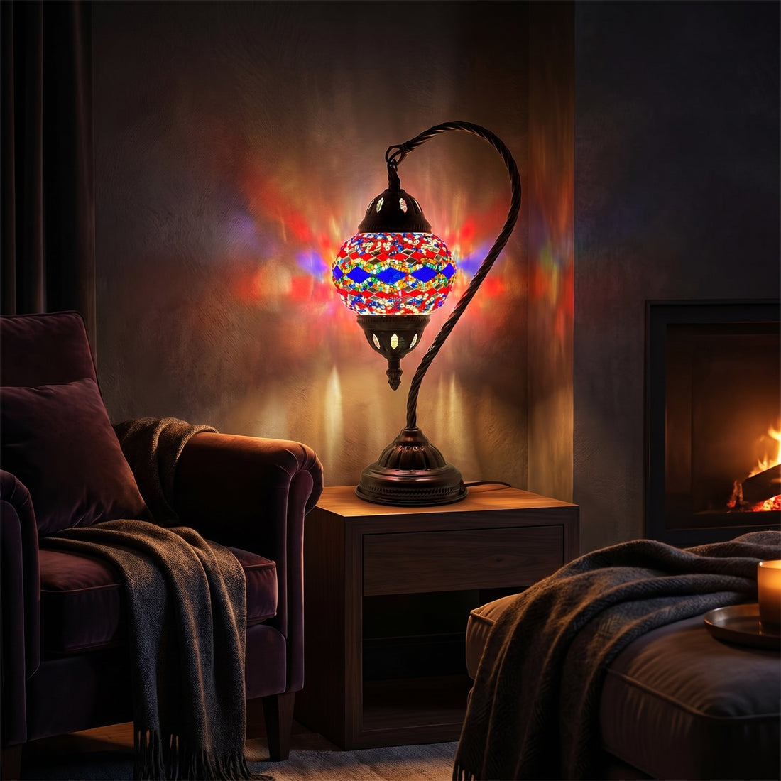 Turkish Lamp with Blue & Red Diamond Patterns mosaic glass table lamp — glowing against a deep charcoal background