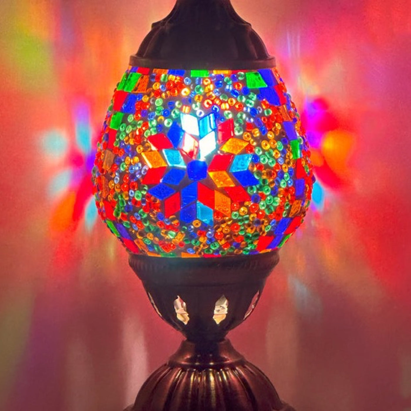 Turkish Lamp with Fiery Mosaic Glasses mosaic glass table lamp — close-up of the hand-cut mosaic glass