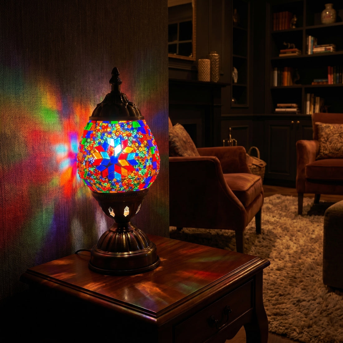 Turkish Lamp with Fiery Mosaic Glasses mosaic glass table lamp — glowing against a deep charcoal background
