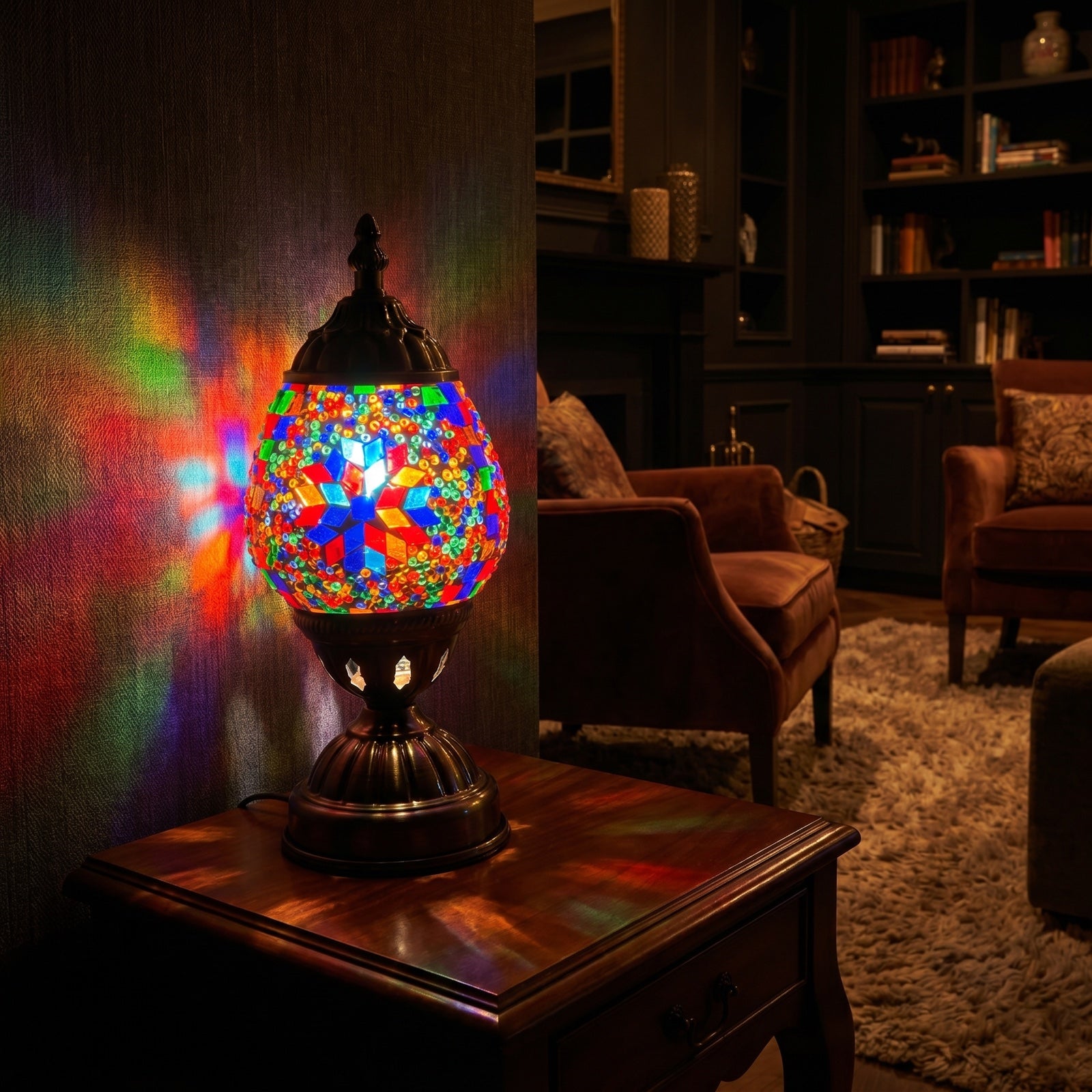 Turkish Lamp with Fiery Mosaic Glasses mosaic glass table lamp — glowing in a warm, dimly-lit evening room