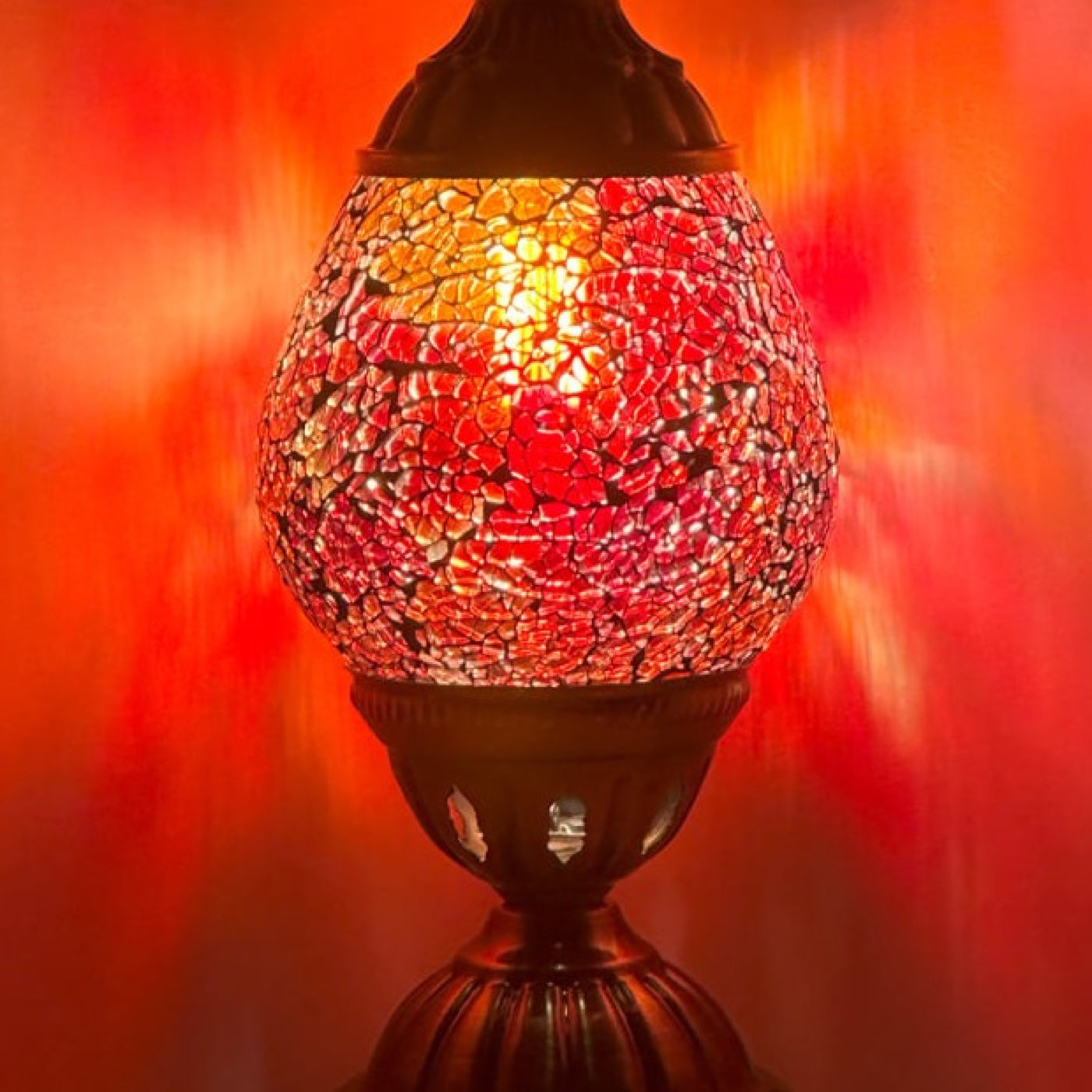 Turkish Lamps with Cosmic Red mosaic glass table lamp — close-up of the hand-cut mosaic glass