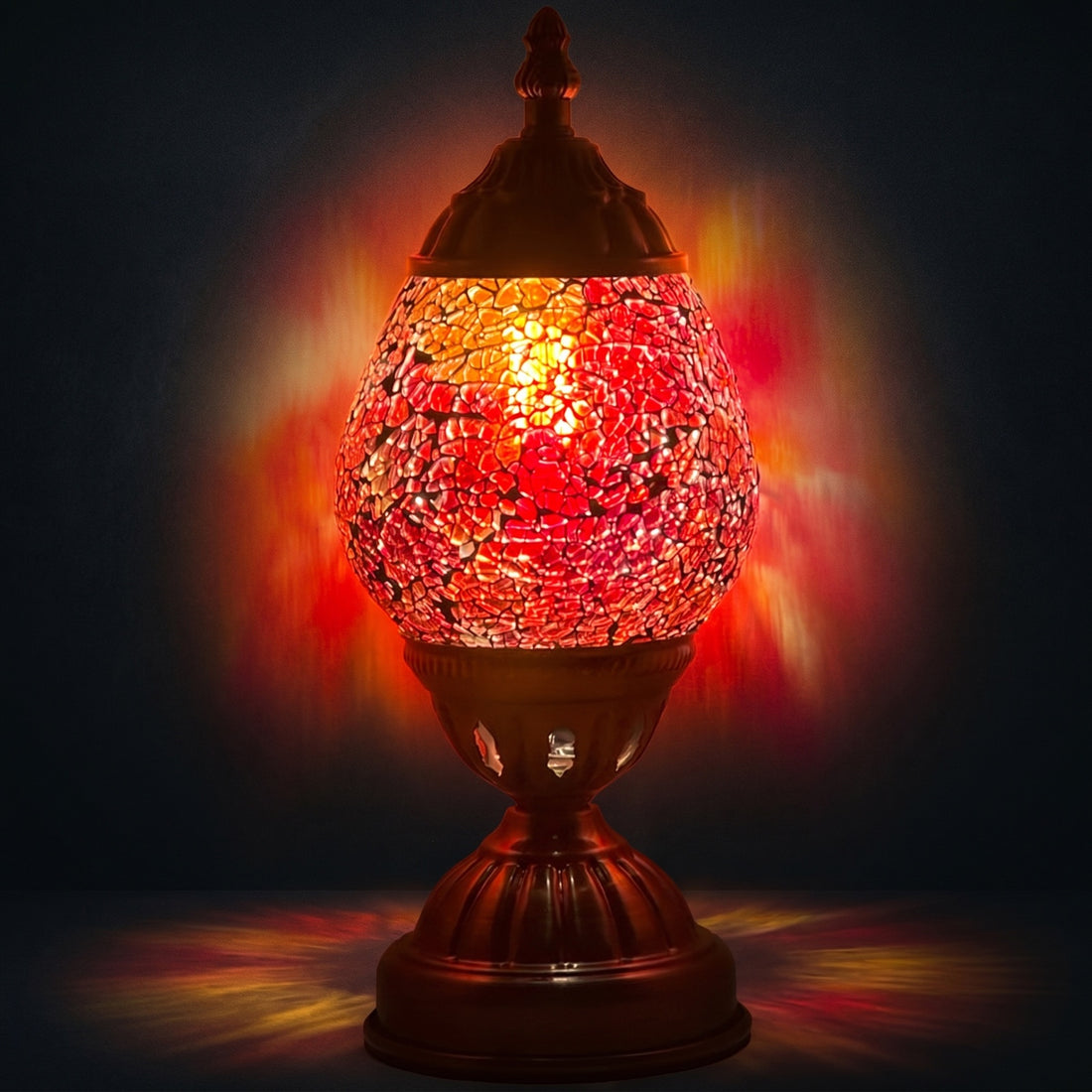 Turkish Lamps with Cosmic Red mosaic glass table lamp — glowing against a deep charcoal background