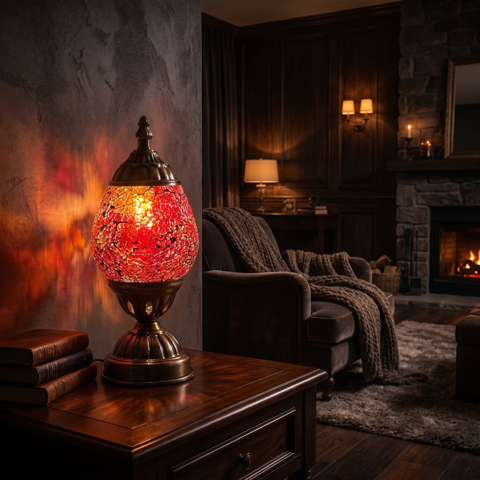Turkish Lamps with Cosmic Red mosaic glass table lamp — glowing in a warm, dimly-lit evening room