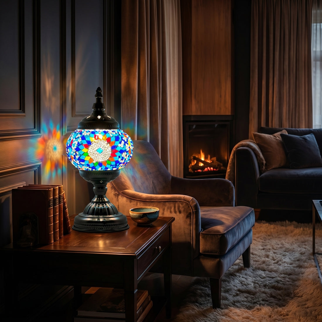 Turkish Mosaic Lamp with Blue Sunflower pattern mosaic glass table lamp — glowing in a warm, dimly-lit evening room