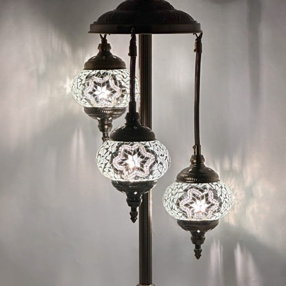 Turkish Style Moonlight Turkish Mosaic Floor Lamps with 3 Globes mosaic glass table lamp — glowing against a deep charcoal background