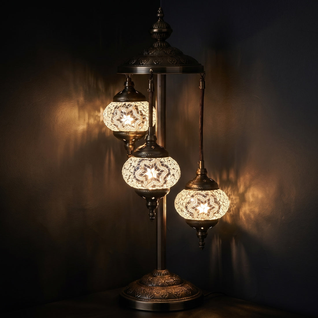 Turkish Style Moonlight Turkish Mosaic Floor Lamps with 3 Globes mosaic glass table lamp — glowing against a deep charcoal background