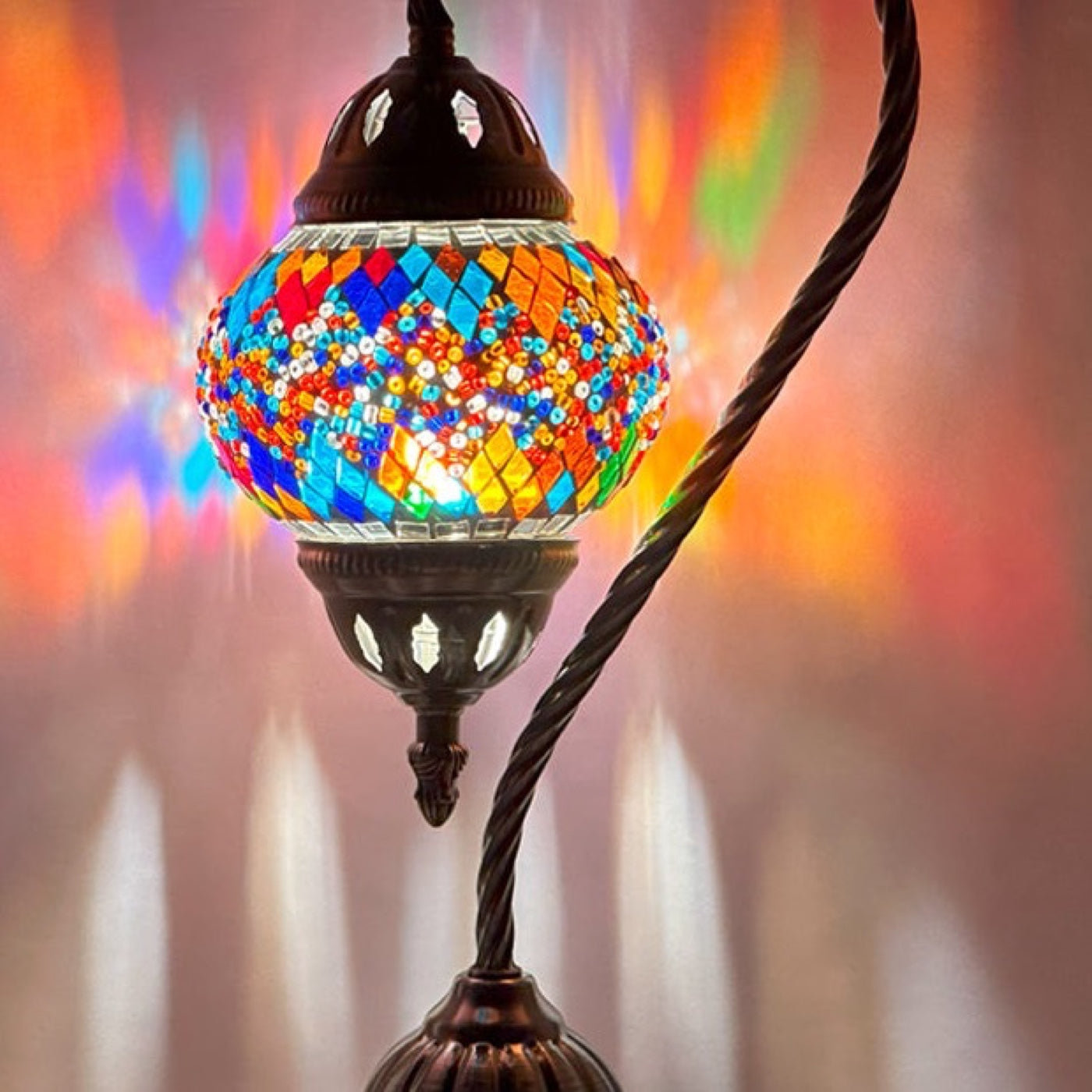 Twin Rainbow Bridge Mosaic Table Lamp with Swan Neck mosaic glass table lamp — close-up of the hand-cut mosaic glass