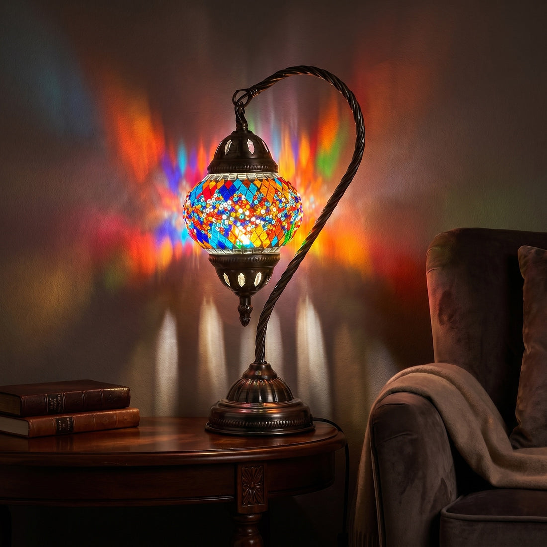 Twin Rainbow Bridge Mosaic Table Lamp with Swan Neck mosaic glass table lamp — glowing against a deep charcoal background