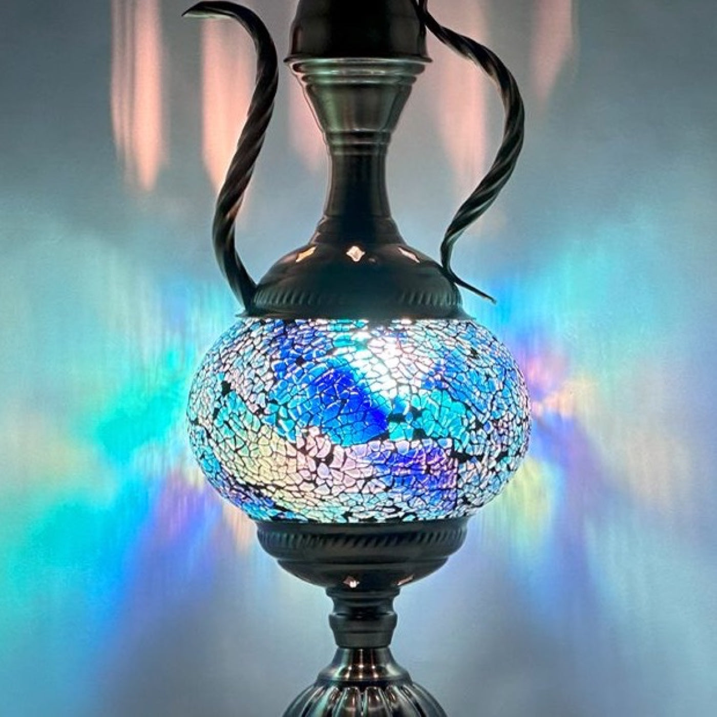 Unique Blue Turkish Mosaic Lamp with Pitcher Motif mosaic glass table lamp — close-up of the hand-cut mosaic glass