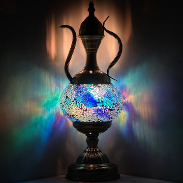 Unique Blue Turkish Mosaic Lamp with Pitcher Motif mosaic glass table lamp — glowing against a deep charcoal background