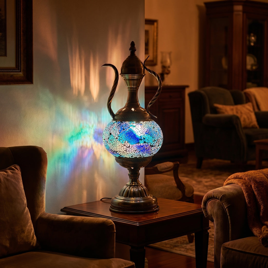 Unique Blue Turkish Mosaic Lamp with Pitcher Motif mosaic glass table lamp — glowing against a deep charcoal background