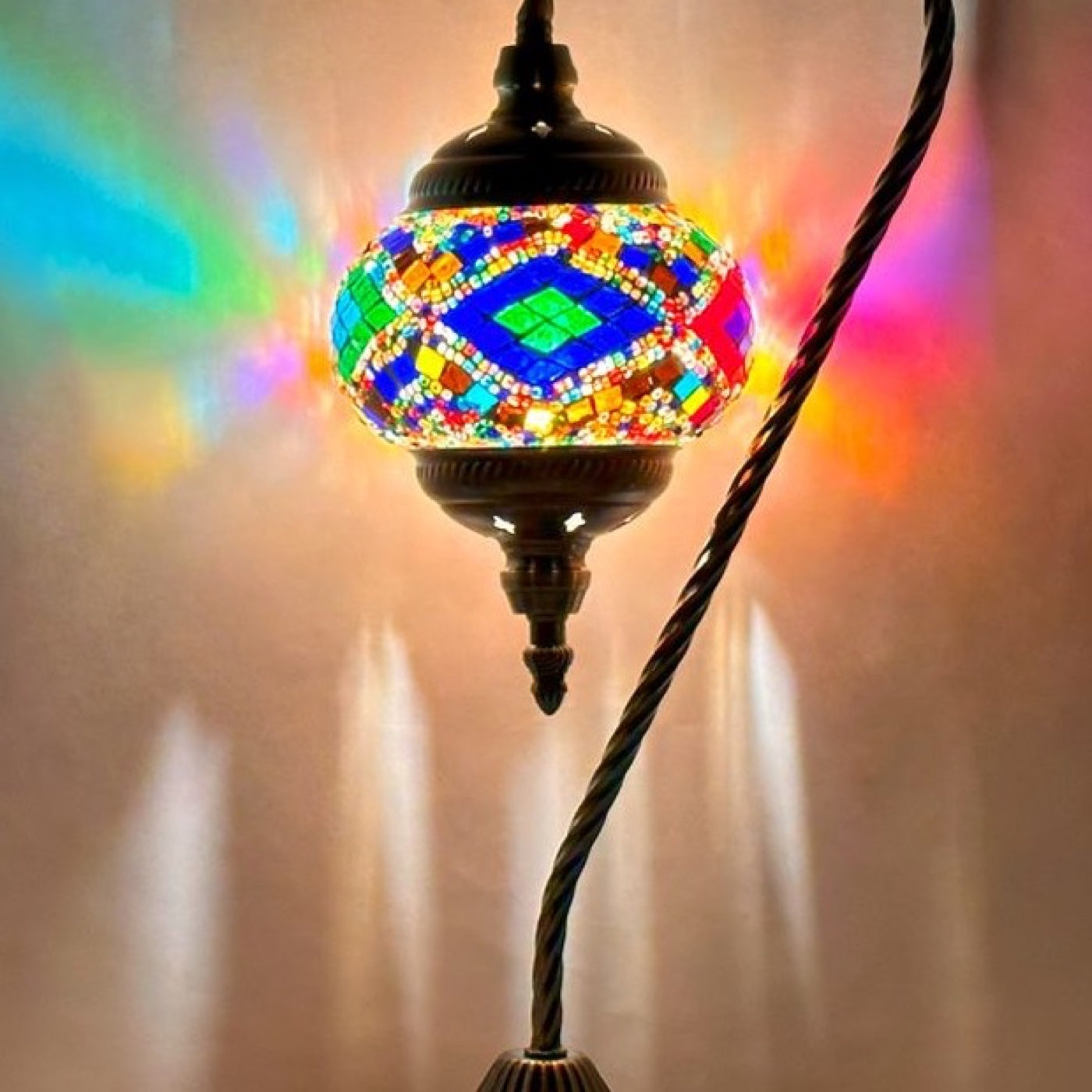 Vibrant Aura Handmade Swan Neck Mosaic Lamps in Colorful Tones mosaic glass table lamp — close-up of the hand-cut mosaic glass