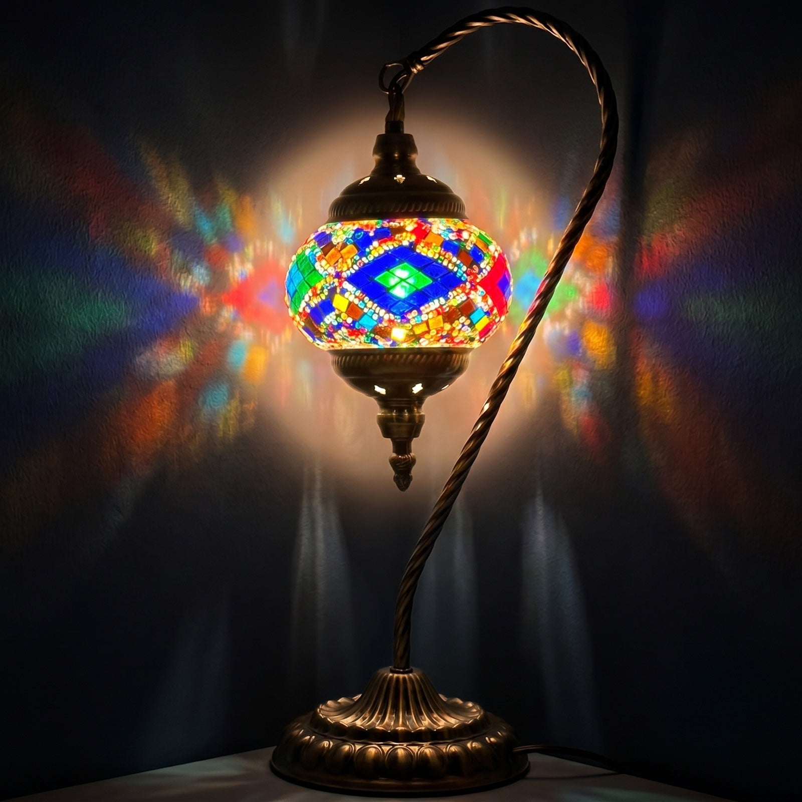 Vibrant Aura Handmade Swan Neck Mosaic Lamps in Colorful Tones mosaic glass table lamp — glowing against a deep charcoal background