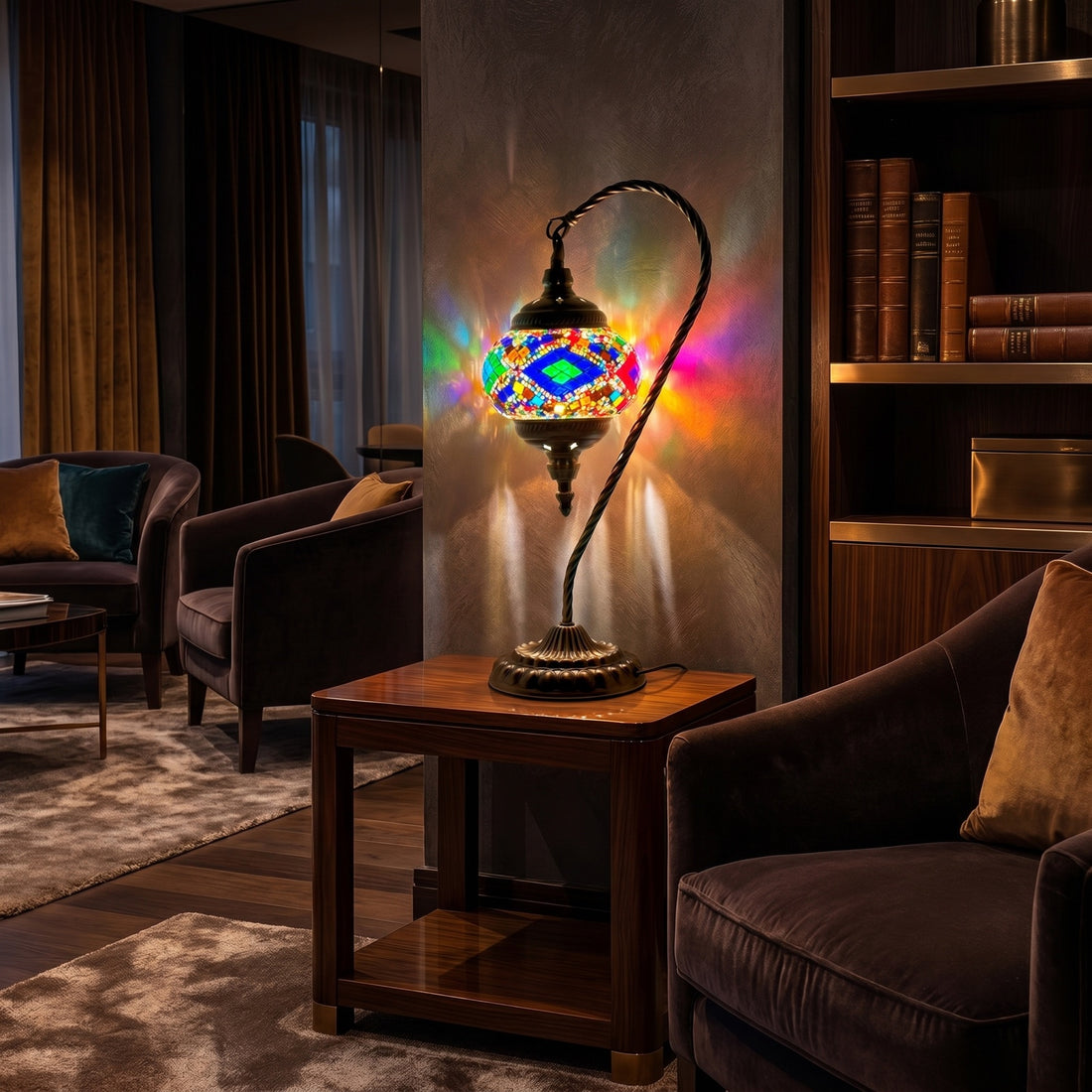 Vibrant Aura Handmade Swan Neck Mosaic Lamps in Colorful Tones mosaic glass table lamp — glowing against a deep charcoal background