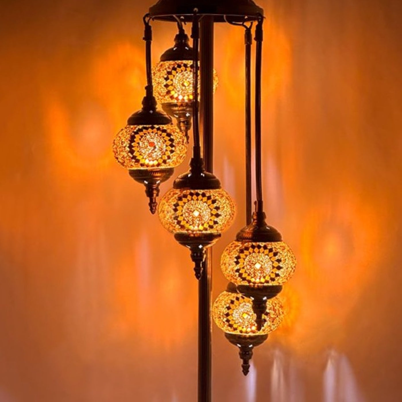 Vibrant Orange Blossom Handmade Turkish Lamp with Quintuple Globes mosaic glass table lamp — close-up of the hand-cut mosaic glass
