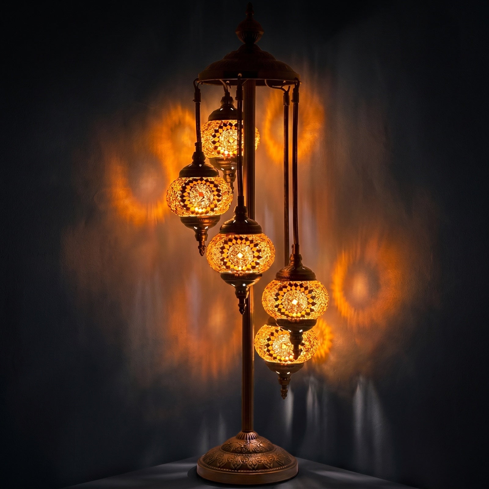 Vibrant Orange Blossom Handmade Turkish Lamp with Quintuple Globes mosaic glass table lamp — glowing against a deep charcoal background