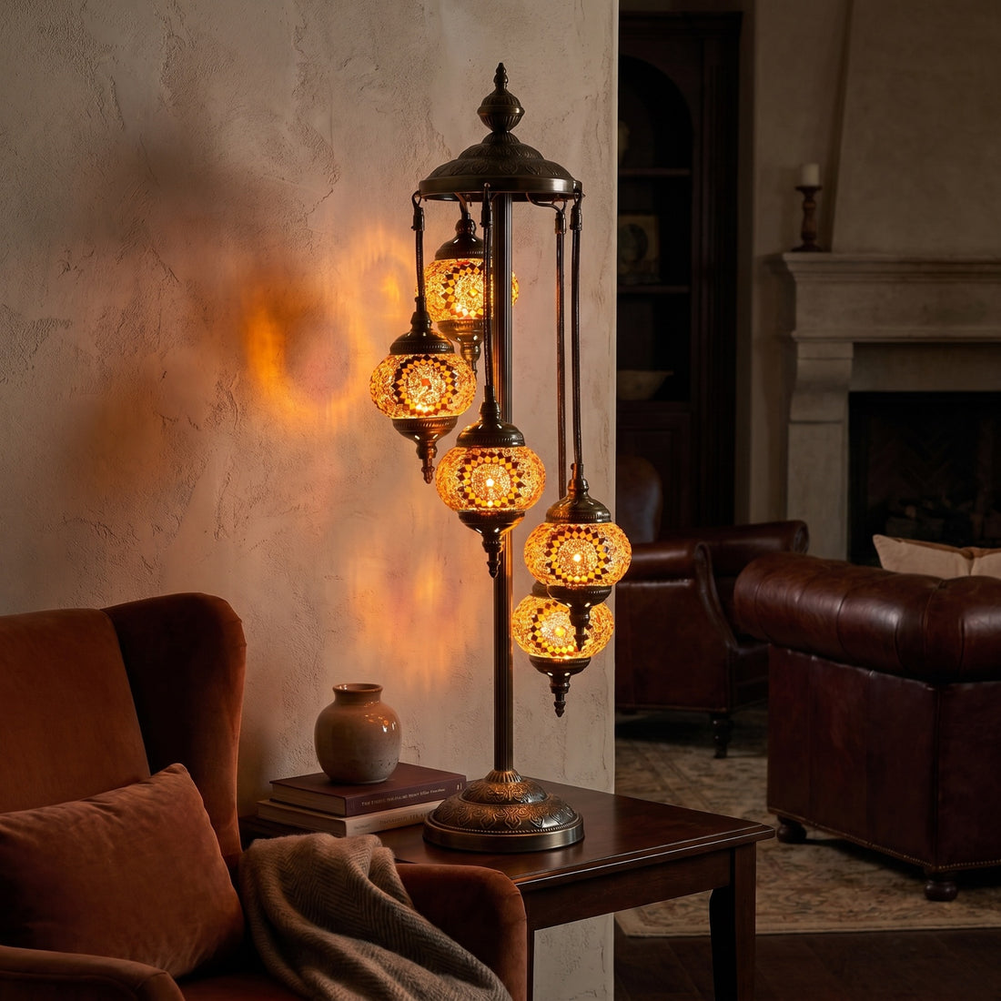 Vibrant Orange Blossom Handmade Turkish Lamp with Quintuple Globes mosaic glass table lamp — glowing against a deep charcoal background