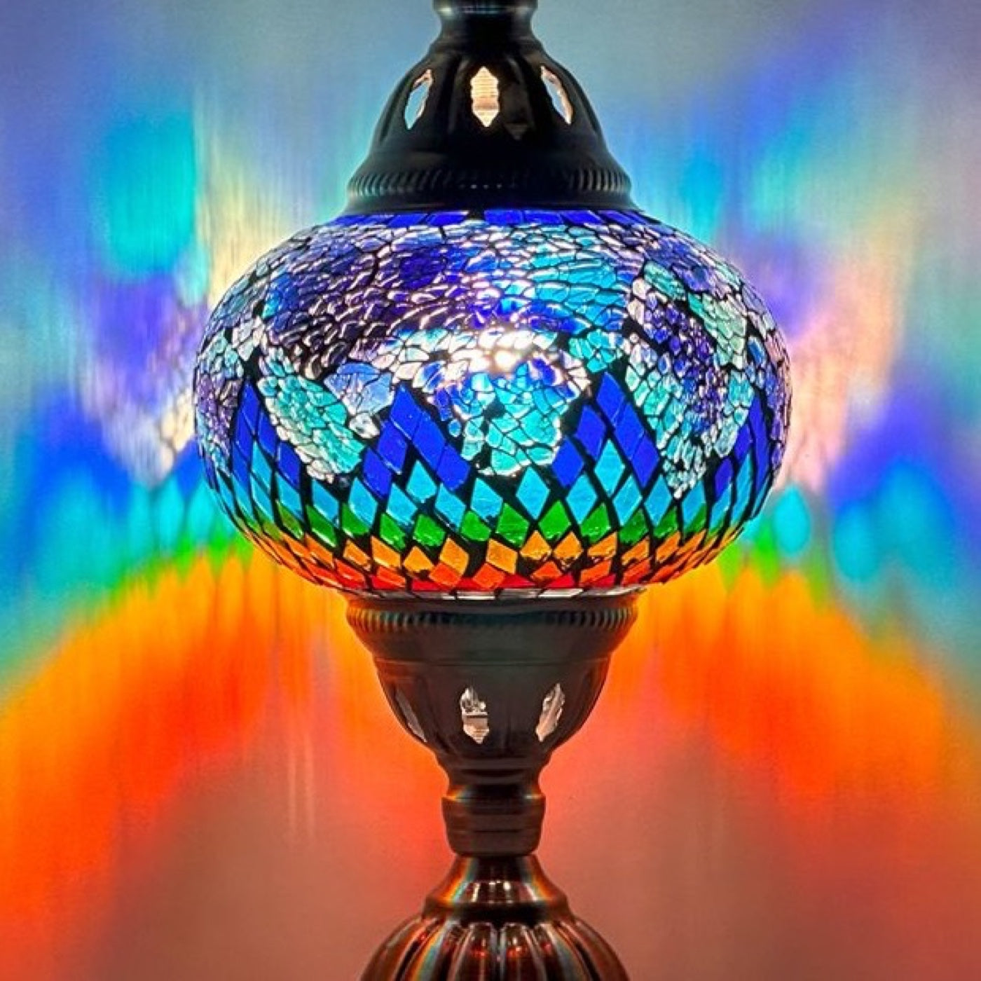 Vintage Atlantis Rainbow Mosaic Glass Lamp mosaic glass table lamp — close-up of the hand-cut mosaic glass