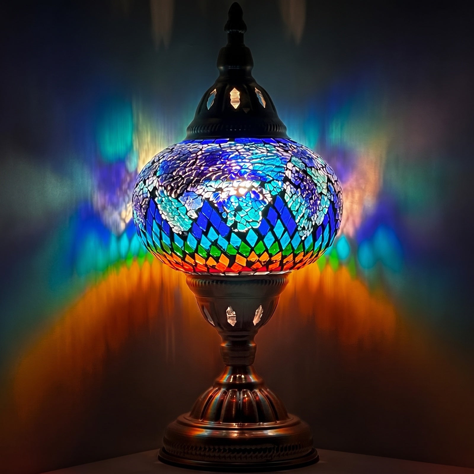 Vintage Atlantis Rainbow Mosaic Glass Lamp mosaic glass table lamp — glowing against a deep charcoal background