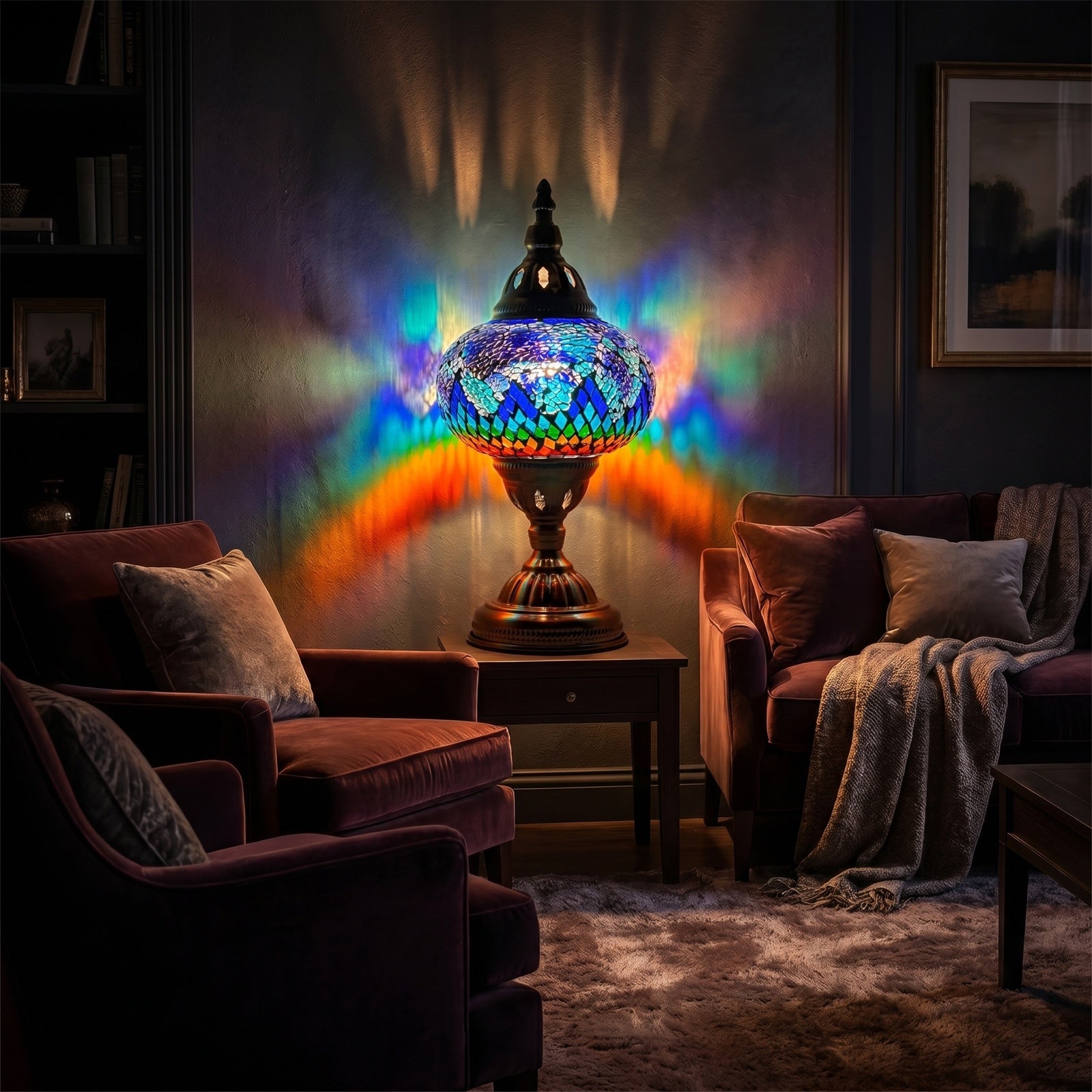 Vintage Atlantis Rainbow Mosaic Glass Lamp mosaic glass table lamp — glowing in a warm, dimly-lit evening room