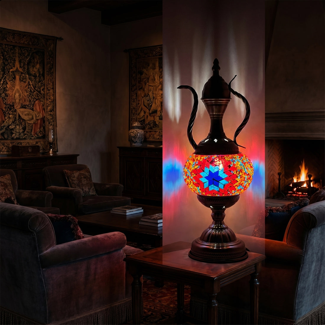 Vintage Elegance mosaic glass table lamp — glowing against a deep charcoal background