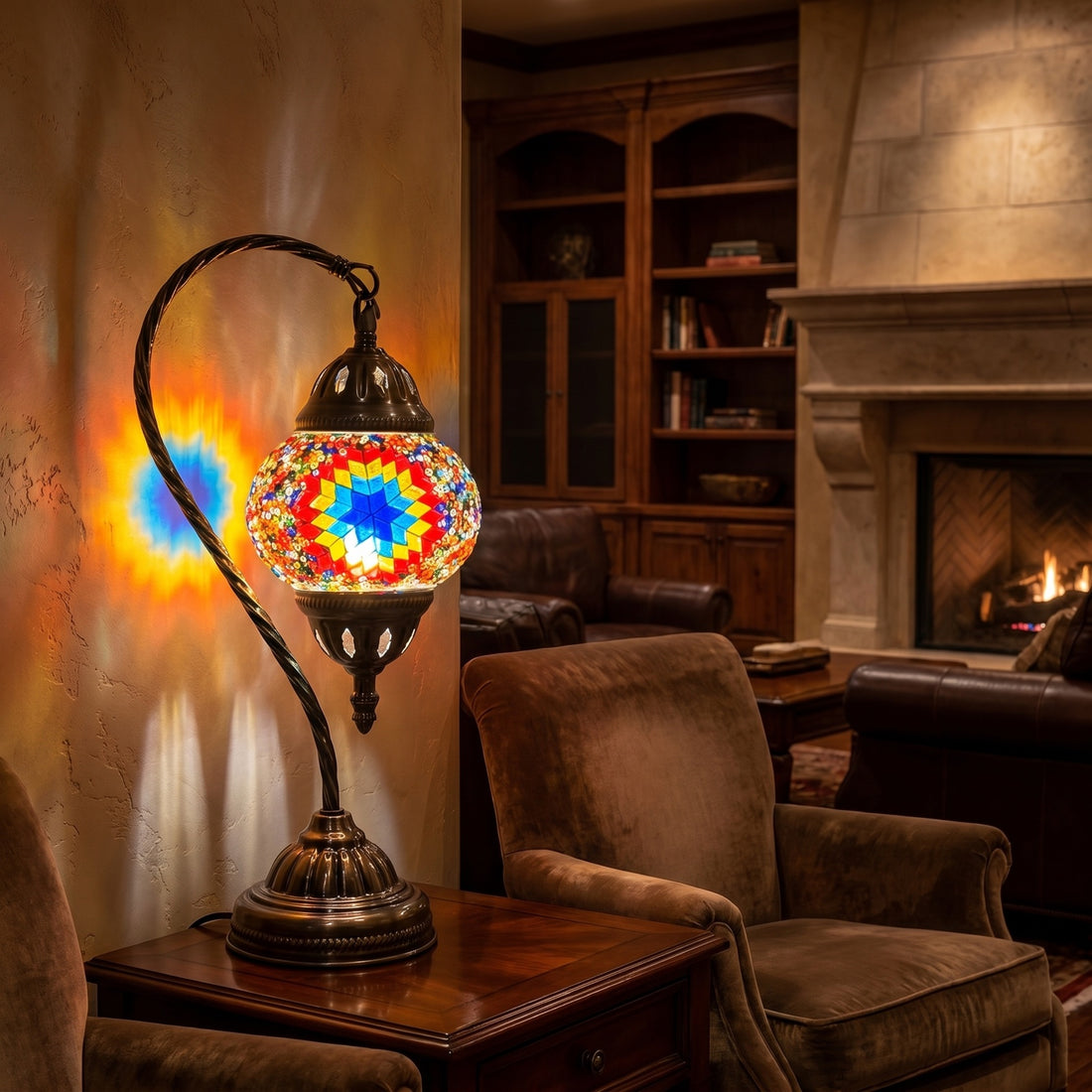 Vintage Mosaic Charm mosaic glass table lamp — glowing against a deep charcoal background