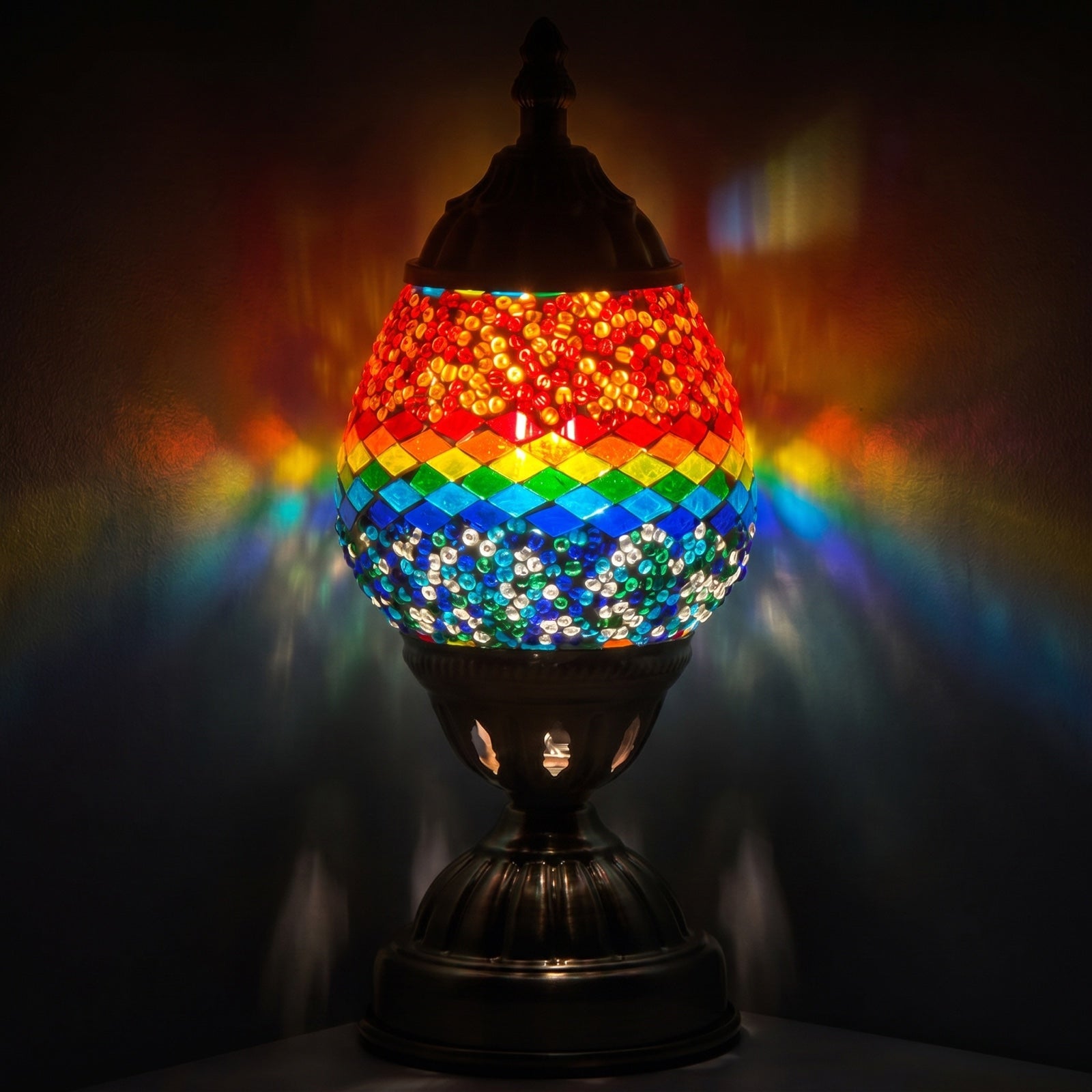 Vintage Mosaic Lamp with Hot and Cold mosaic glass table lamp — glowing against a deep charcoal background