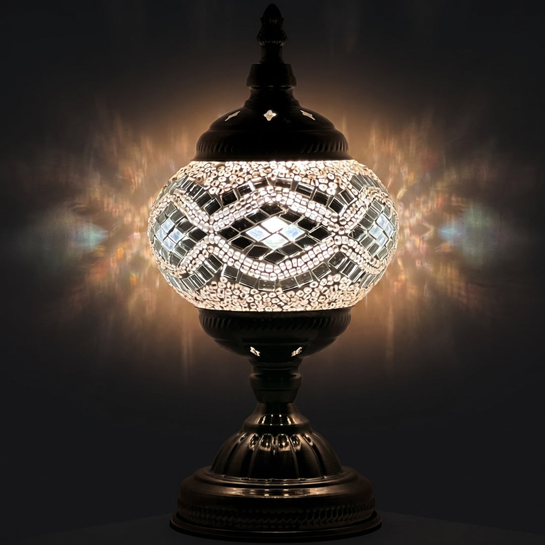 Vintage Mosaic Table Lamps with Silver waves pattern mosaic glass table lamp — glowing against a deep charcoal background