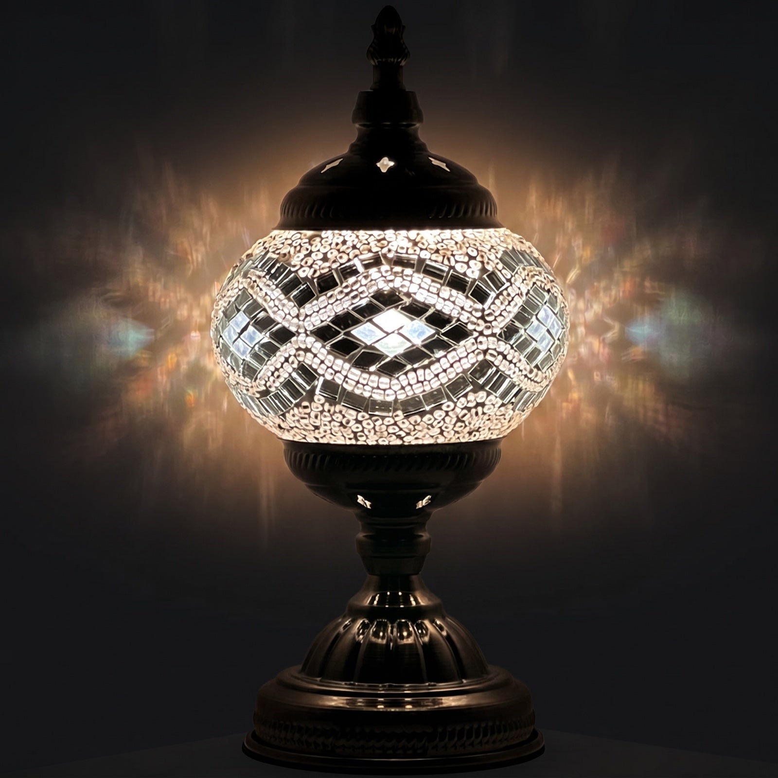 Vintage Mosaic Table Lamps with Silver waves pattern mosaic glass table lamp — glowing against a deep charcoal background