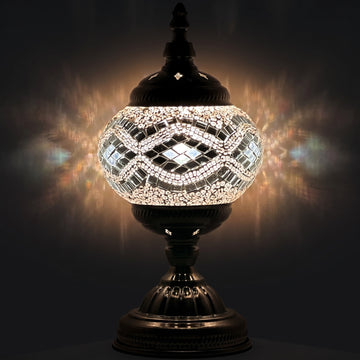 Vintage Mosaic Table Lamps with Silver waves pattern mosaic glass table lamp — glowing against a deep charcoal background