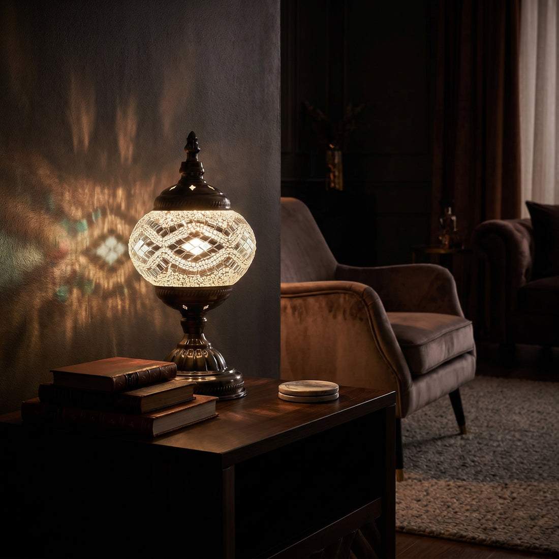 Vintage Mosaic Table Lamps with Silver waves pattern mosaic glass table lamp — glowing against a deep charcoal background