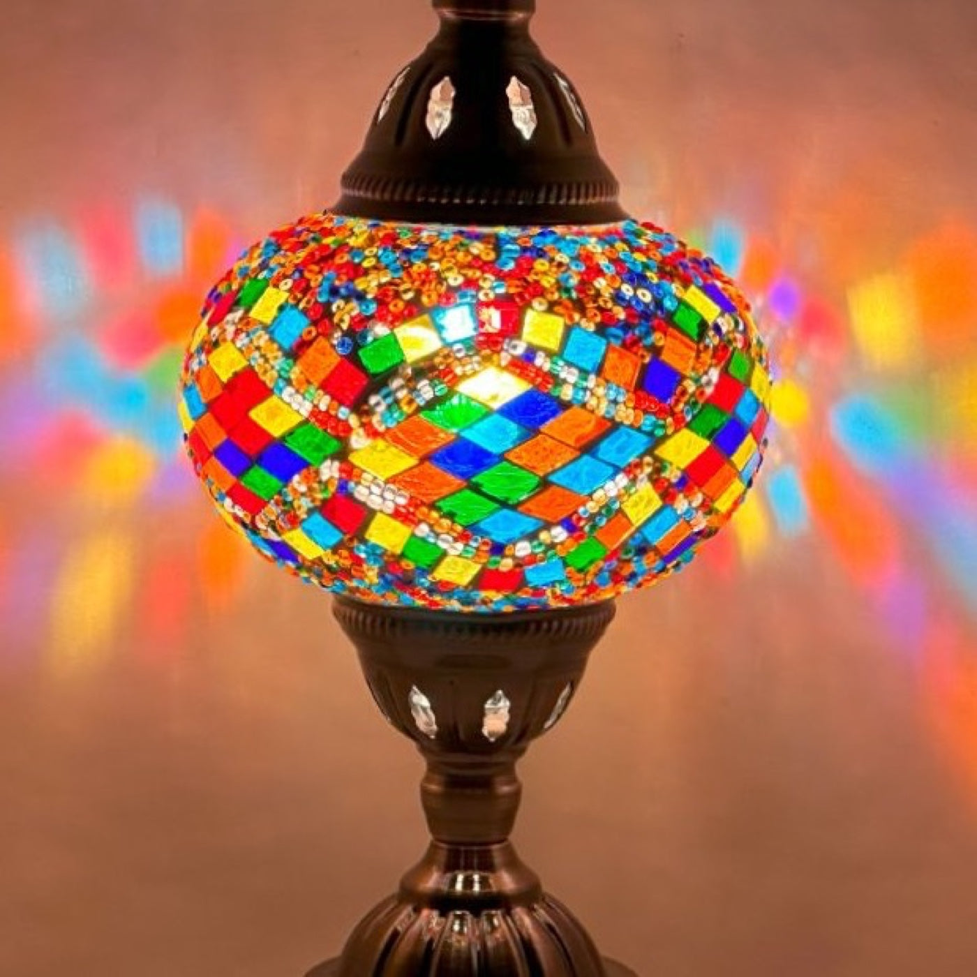Vivid Rainbow Diamond Road Turkish Mosaic Lamp mosaic glass table lamp — close-up of the hand-cut mosaic glass