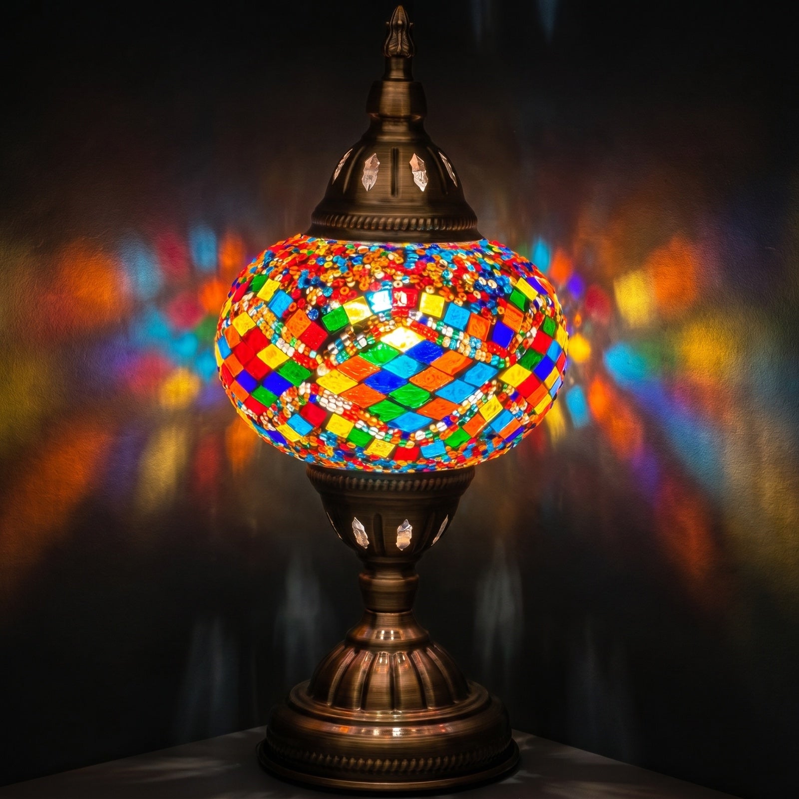 Vivid Rainbow Diamond Road Turkish Mosaic Lamp mosaic glass table lamp — glowing against a deep charcoal background