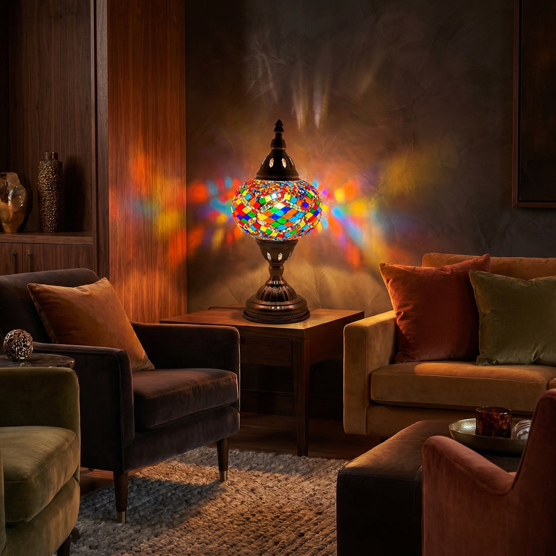 Vivid Rainbow Diamond Road Turkish Mosaic Lamp mosaic glass table lamp — glowing against a deep charcoal background