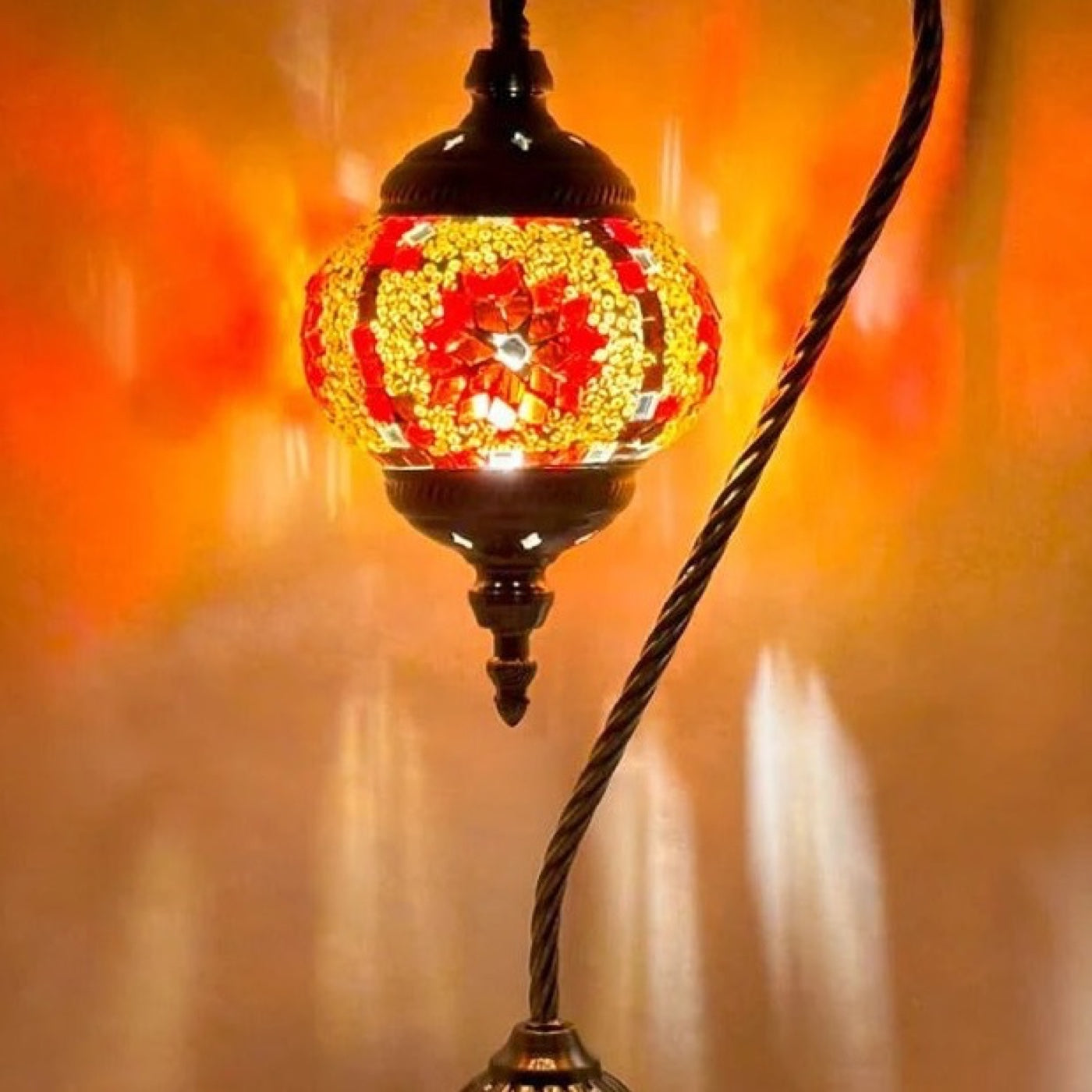 Vivid Red Floral Swan Neck Handcrafted Turkish Mosaic Lamp mosaic glass table lamp — close-up of the hand-cut mosaic glass