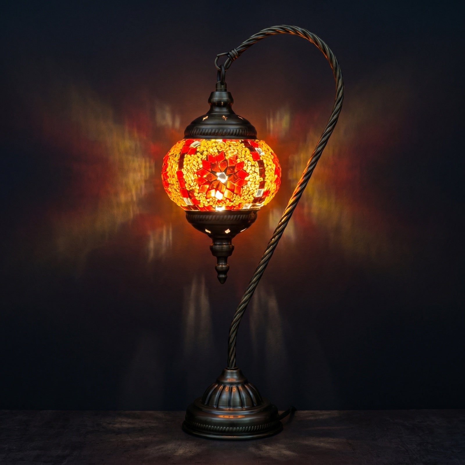 Vivid Red Floral Swan Neck Handcrafted Turkish Mosaic Lamp mosaic glass table lamp — glowing against a deep charcoal background