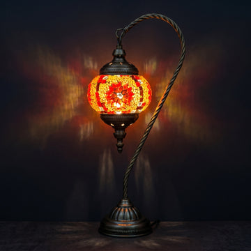 Vivid Red Floral Swan Neck Handcrafted Turkish Mosaic Lamp mosaic glass table lamp — glowing against a deep charcoal background