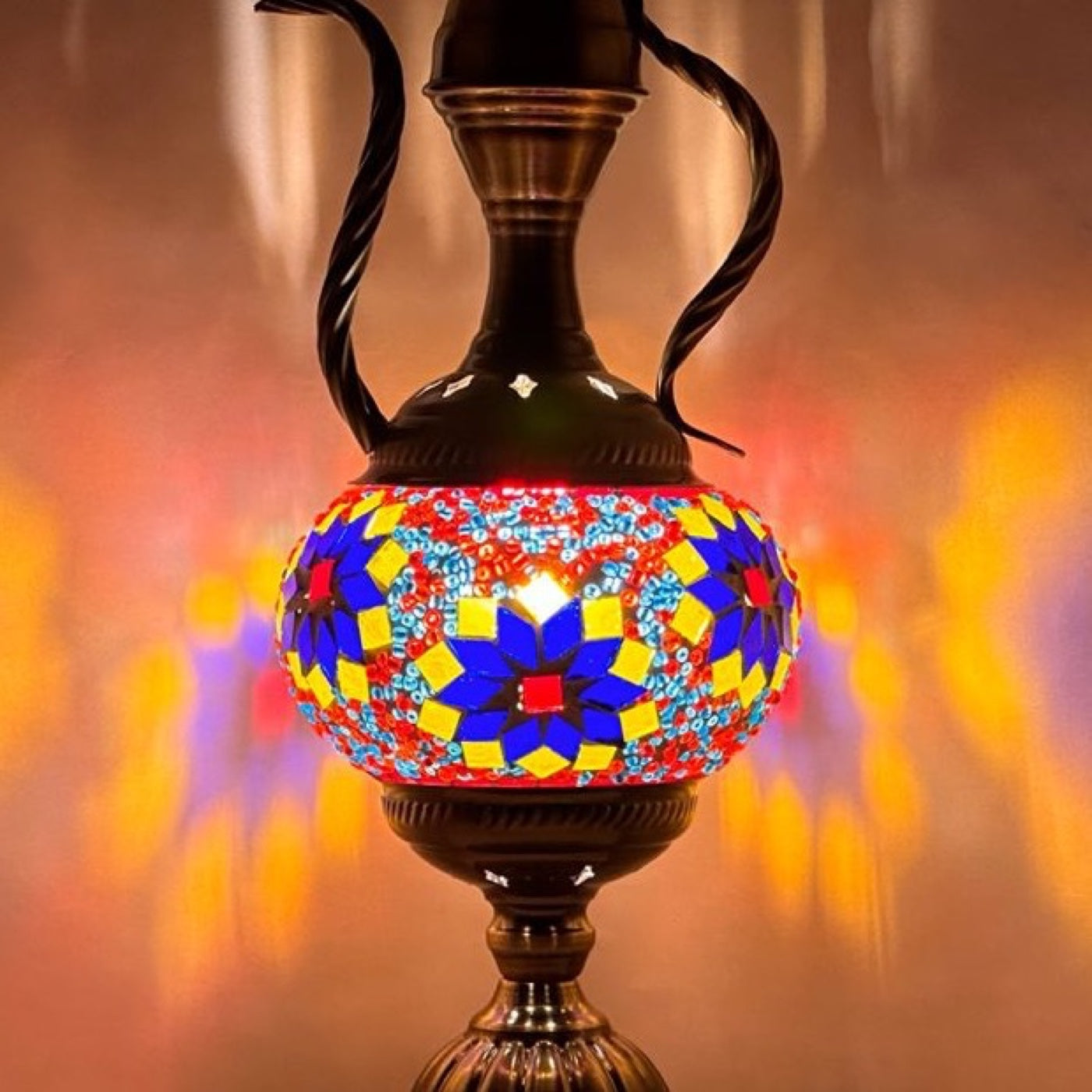 Vivid Red Turkish Lamp with Colorful Flowers and Teapot Motif mosaic glass table lamp — close-up of the hand-cut mosaic glass