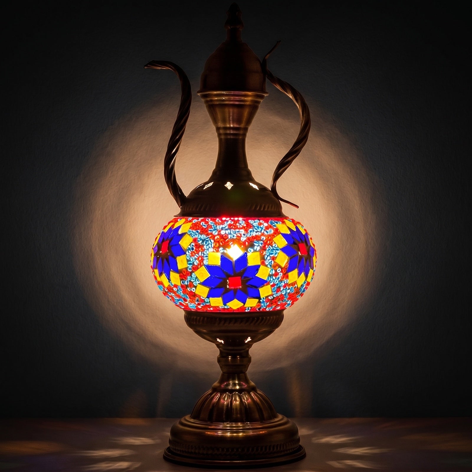 Vivid Red Turkish Lamp with Colorful Flowers and Teapot Motif mosaic glass table lamp — glowing against a deep charcoal background