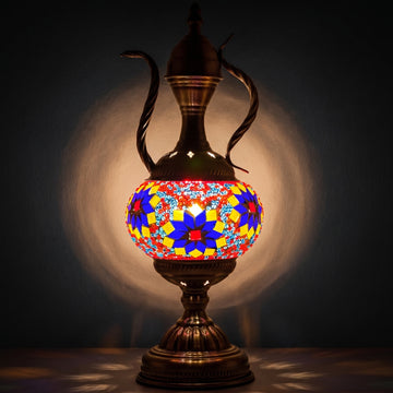 Vivid Red Turkish Lamp with Colorful Flowers and Teapot Motif mosaic glass table lamp — glowing against a deep charcoal background