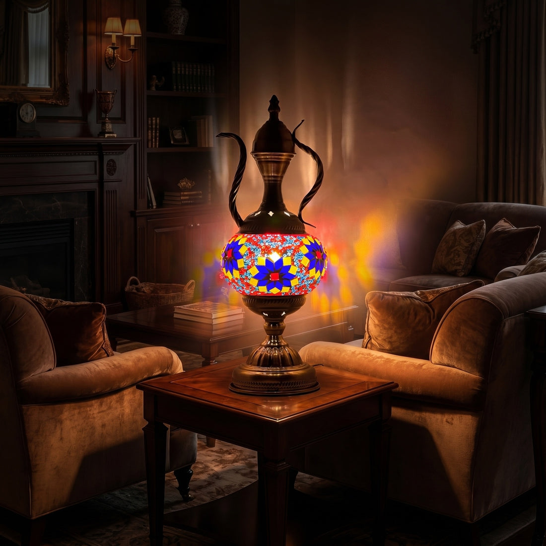 Vivid Red Turkish Lamp with Colorful Flowers and Teapot Motif mosaic glass table lamp — glowing against a deep charcoal background