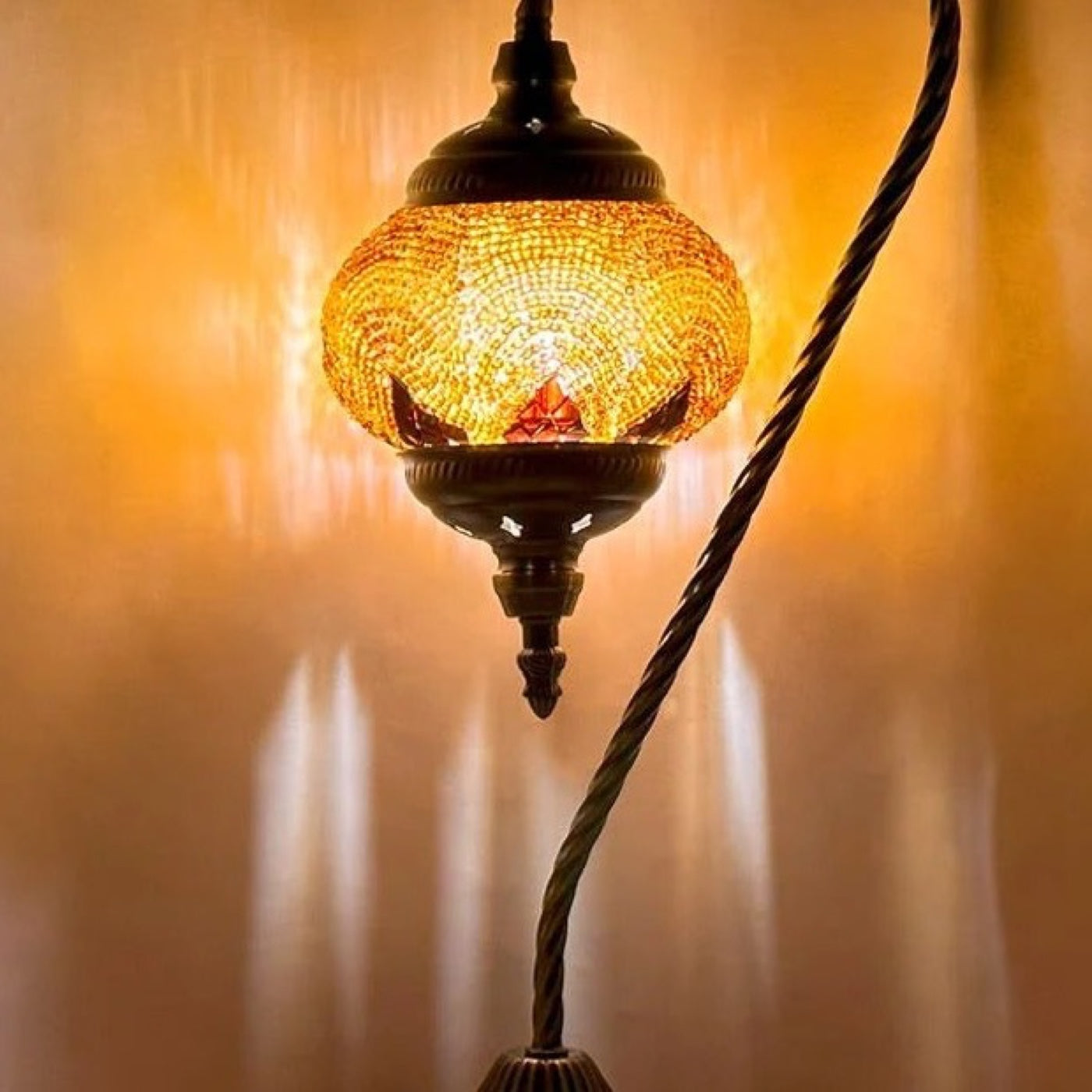 Warm Light Orange Swan Neck Handcrafted Turkish Mosaic Lamp mosaic glass table lamp — close-up of the hand-cut mosaic glass