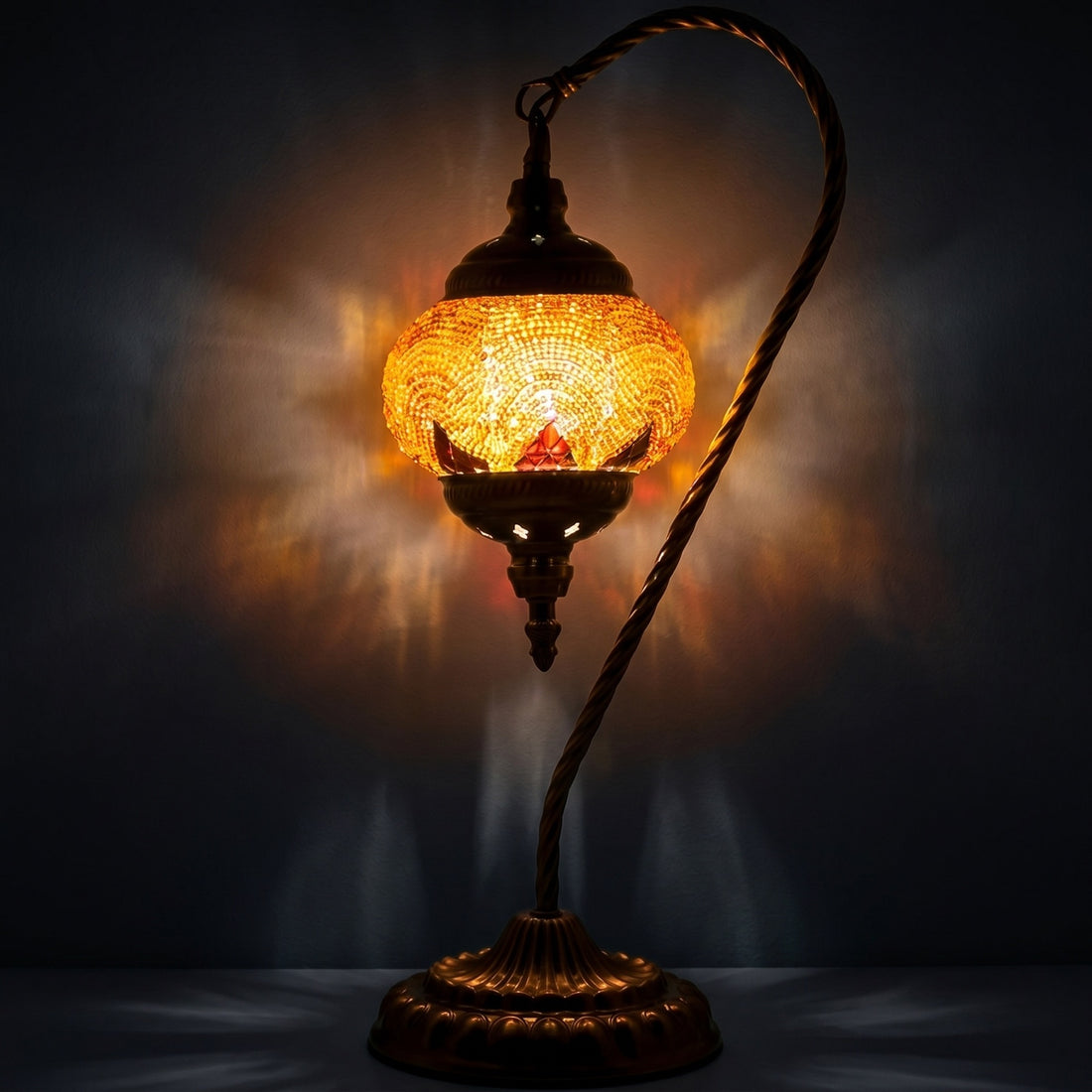 Warm Light Orange Swan Neck Handcrafted Turkish Mosaic Lamp mosaic glass table lamp — glowing against a deep charcoal background