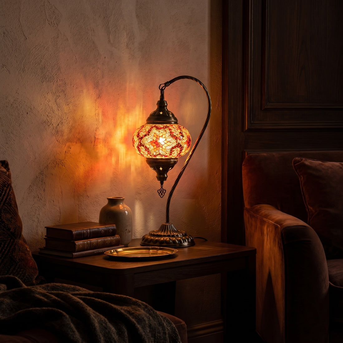 Warm Light Orange Swan Neck Handcrafted Turkish Mosaic Lamp mosaic glass table lamp — glowing against a deep charcoal background