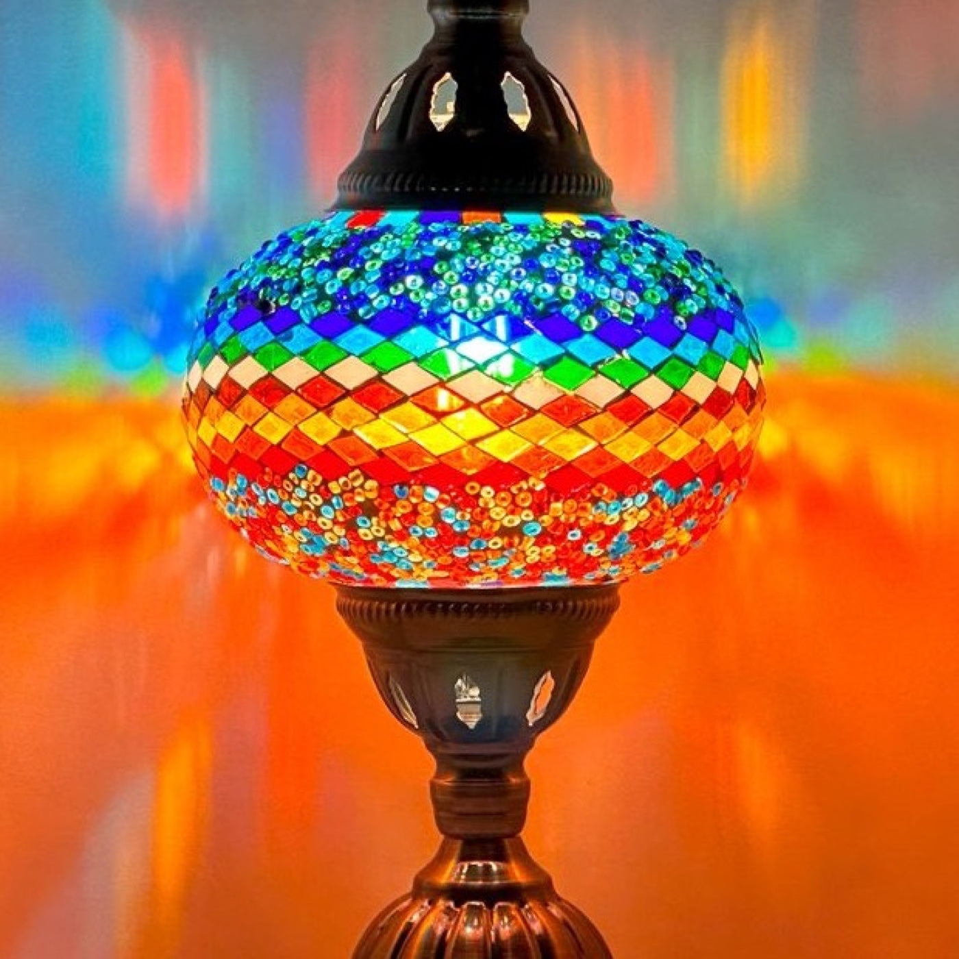 Wave of Colors mosaic glass table lamp — close-up of the hand-cut mosaic glass