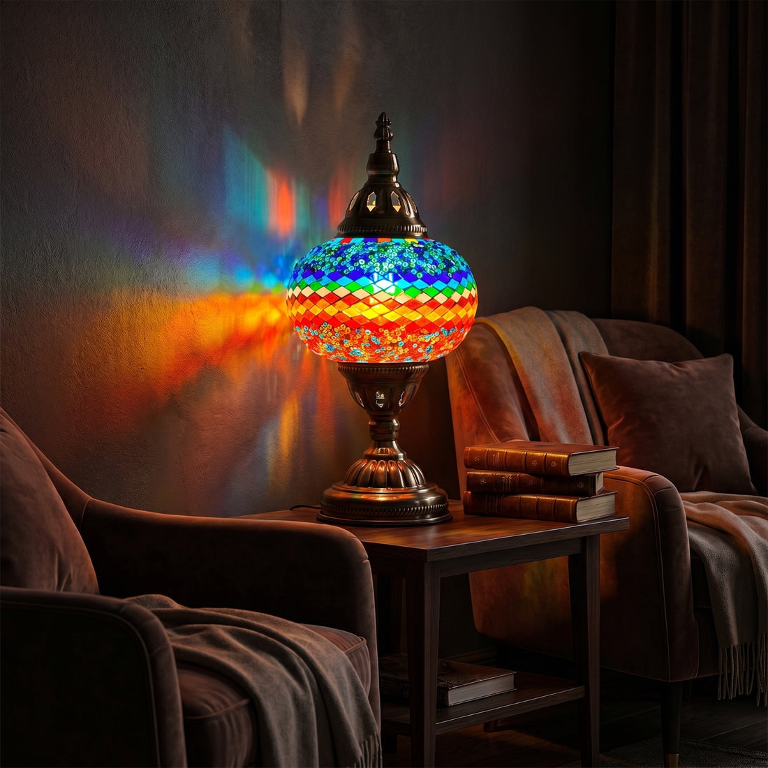 Wave of Colors mosaic glass table lamp — glowing against a deep charcoal background