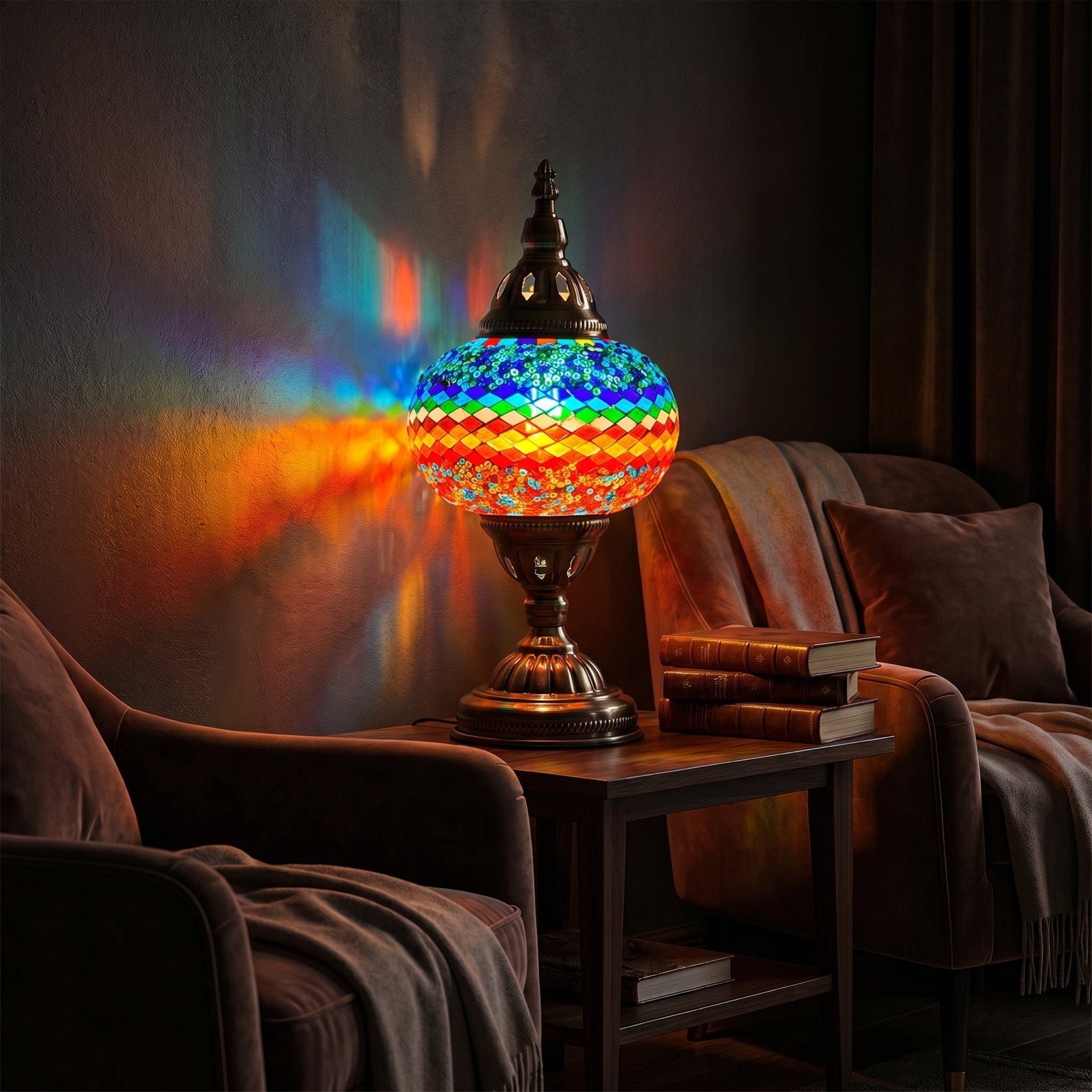 Wave of Colors mosaic glass table lamp — glowing in a warm, dimly-lit evening room